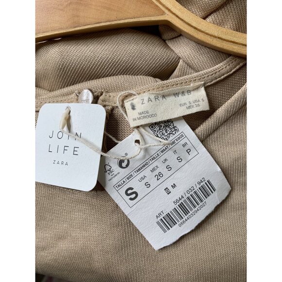 Zara Beige Long-Sleeve Cutout Jumpsuit Size S Crop Pouf Sleeves Tan RX10363 - Picture 5 of 14